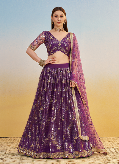 Butterfly Net Purple Sequins Thread Embroidery Party Wear Lehenga Choli