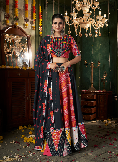 Designer Black Mirror Work Cotton Navratri Lehenga Choli With Dupatta