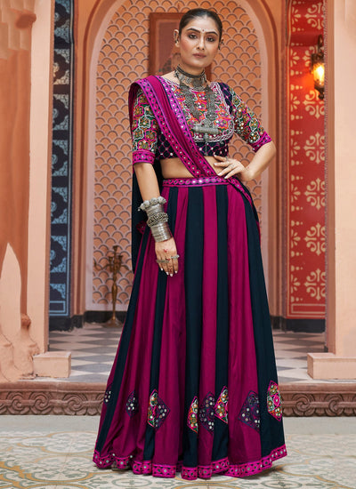 Exclusive Multicolor Mirror Work Rayon Navratri Lehenga Choli With Dupatta