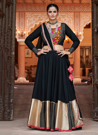 Rayon Mirror Work Navratri Lehenga Choli With Dupatta In Black