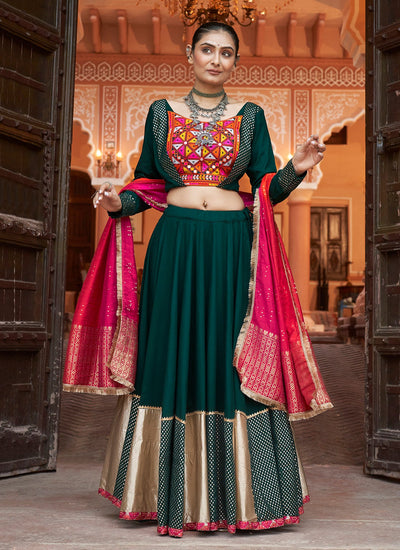 Green Rayon Mirror Work Navratri Lehenga Choli With Dupatta