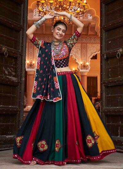 Mirror Multicolor Embroidered Rayon Navratri Lehenga Choli