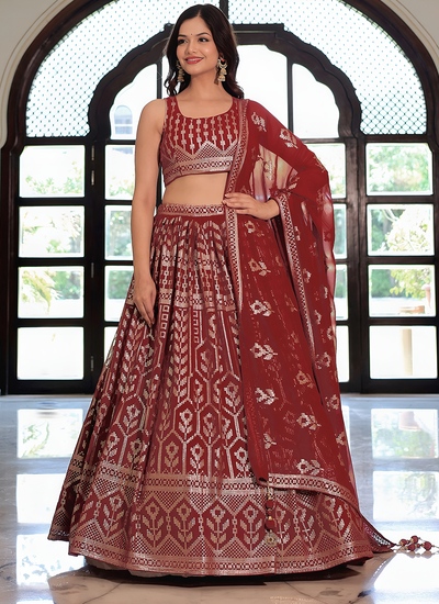 Maroon Sequins Embroidered Georgette Wedding Wear Lehenga Choli