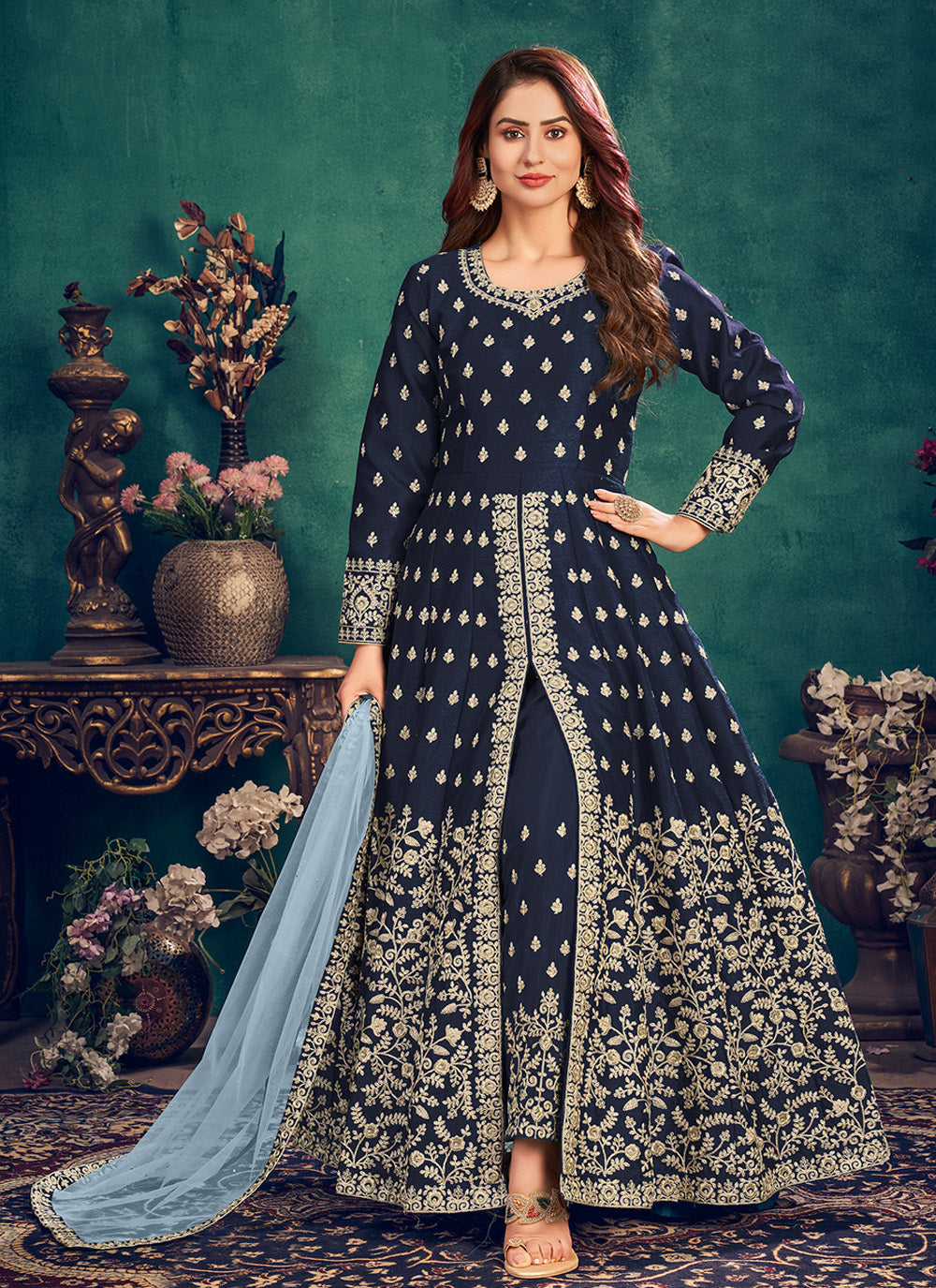 Navy Blue Stone Thread Embroidered Georgette Party Wear Anar