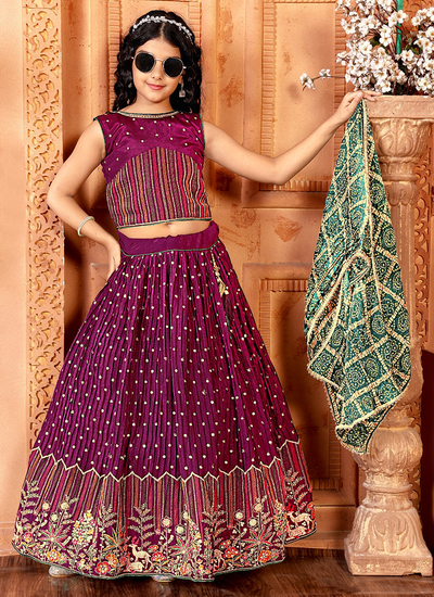 Burgundy Chinon Thread Zari Sequins Embroidered Festive Wear Girls Lehenga Choli