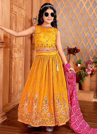 Festive Wear Chinon Thread Zari Sequins Embroidered Girls Lehenga Choli In Yellow