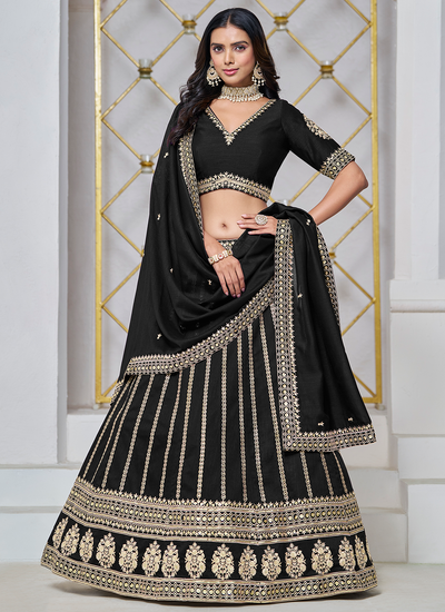 Black Art Silk Sequins Thread Embroidered Festive Wear Lehenga Choli