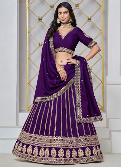 Art Silk Purple Sequins Thread Embroidered Engagement Wear Lehenga Choli