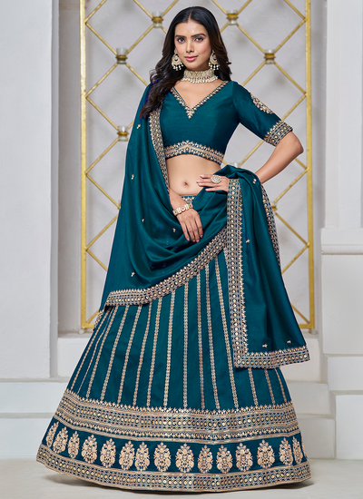 Premium Art Silk Sequins Thread Embroidered Sangeet Wear Teal Lehenga Choli