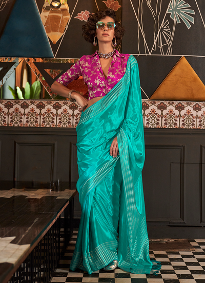 Turquoise & Rani Pink Viscose Handloom Weaving Contrast Blouse Saree