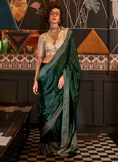 Green And Beige Viscose Handloom Weaving Saree With Contrast Blouse