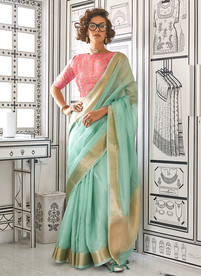 Sea Green Handloom Weaving Moss Chiffon Saree With Contrast Blouse