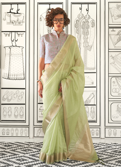 Handloom Weaving Pastel Green Moss Chiffon Saree With Contrast Blouse