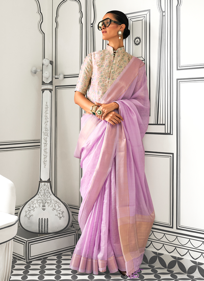 Lilac Handloom Weaving Moss Chiffon Saree With Contrast Blouse