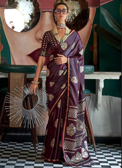 Zari Handloom Weaving Satin Dark Purple Wedding Wear Saree With Blouse