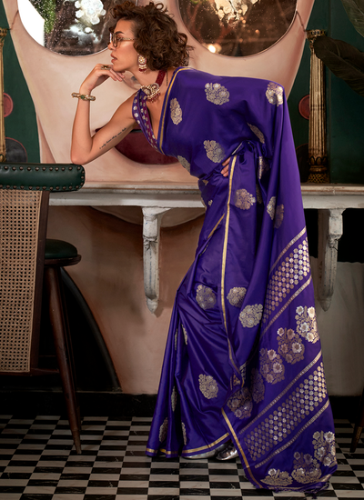 Zari Handloom Weaving Blue Satin Function Wear Saree With Blouse