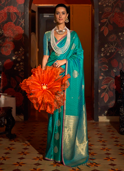 Bridesmaid Turquoise Handloom Zari Weaving Silk Bollywood Saree