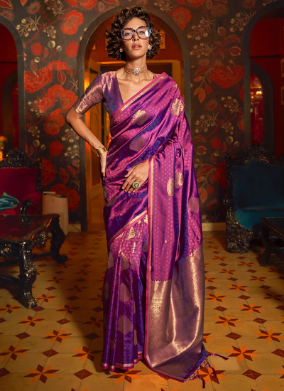 Lavish Purple Handloom Zari Weaving Silk Bridesmaid Wedding Saree