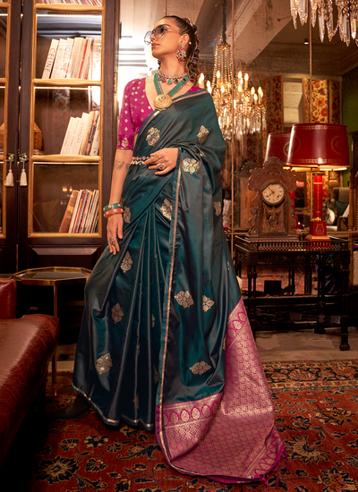 Two Tone Satin Peacock Blue Weaving Bridesmaid Saree With Contrast Blouse