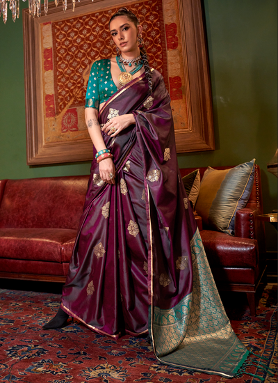 Weaving Wine Two Tone Satin Bridesmaid Saree With Contrast Blouse