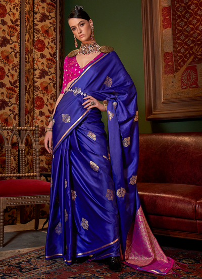 Bridesmaid Weaving Blue Two Tone Satin Saree With Contrast Blouse