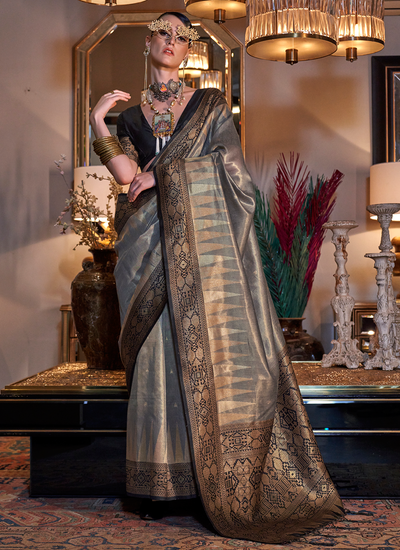 Designer Gray Zari Weaving Tissue Silk Saree With Contrast Pallu