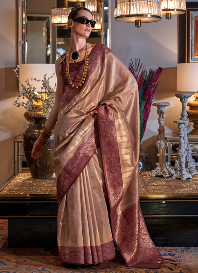 Beige Zari Weaving Tissue Silk Festival Wear Contrast Pallu Saree