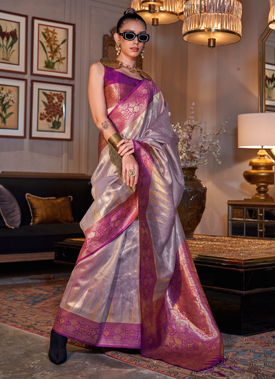 Tissue Silk Lavender Zari Weaving Designer Saree With Contrast Pallu