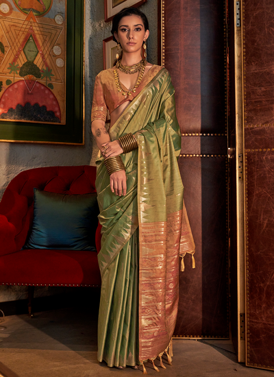 Pista Green Festival Handloom Weaving With Contrast Ikkat Design Pallu Tussar Silk Saree