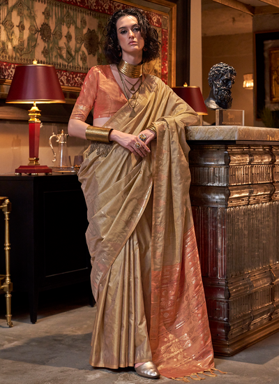 Beige Tussar Silk Handloom Weaving Saree With Contrast Ikkat Design Pallu