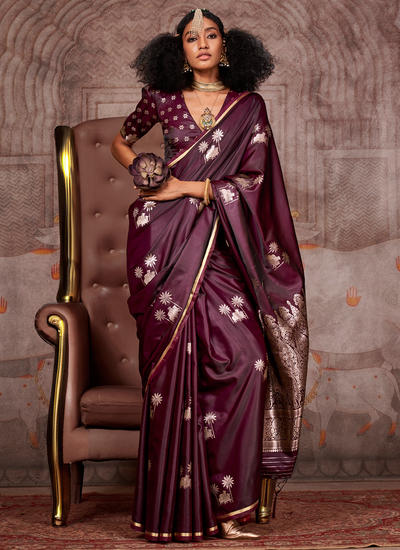 New Two Tone Burgundy Satin Pichhwai Zari Weaving Bridesmaid Saree