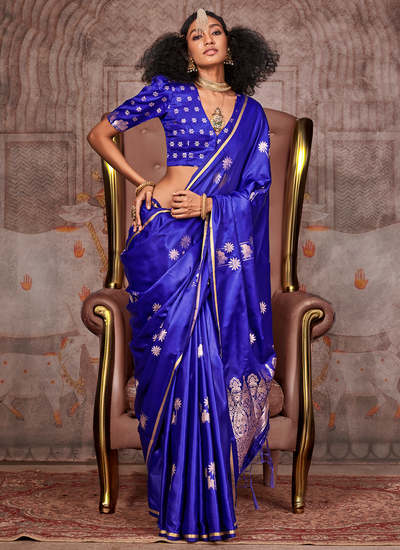 Latest Blue Pichhwai Zari Weaving Two Tone Satin Bridesmaid Saree