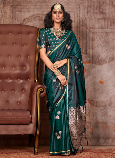 Fancy Dark Green Bridesmaid Pichhwai Zari Weaving Two Tone Satin Saree