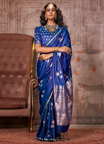 Dark Blue Satin Bridesmaid Pichhwai Zari Weaving Two Tone Saree