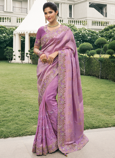 Lavender Wedding Wear Tissue Silk Zari Woven Sequins Embroidered Saree