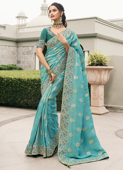 Reception Wear Tissue Silk Pale Turquoise Zari Woven Sequins Embroidered Saree