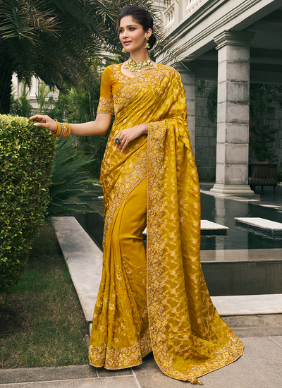 Wedding Wear Mustard Tissue Silk Zari Woven Sequins Embroidered Saree