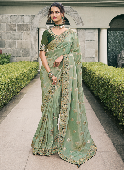 Sage Green Tissue Silk Zari Woven Sequins Embroidered Reception Wear Saree