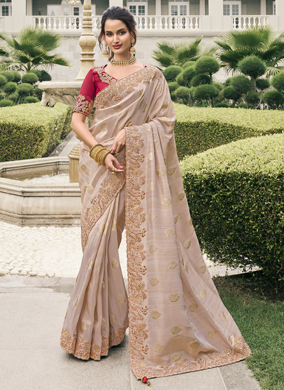 Tissue Silk Wedding Wear Beige Zari Woven Sequins Heavy Embroidered Saree