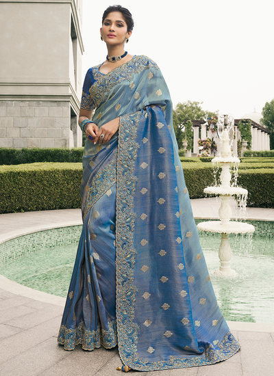 Rich Blue Zari Woven Stone Sequins Embroidered Tissue Silk Reception Wear Saree