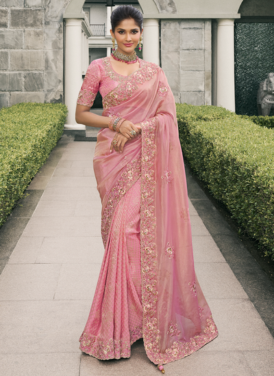 Pink Wedding Wear Zari Woven Sequins Stone Embroidered Tissue Silk Saree