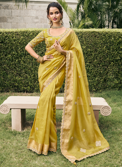 New Yellow Wedding Wear Tissue Silk Zari Woven Sequins Stone Embroidered Saree