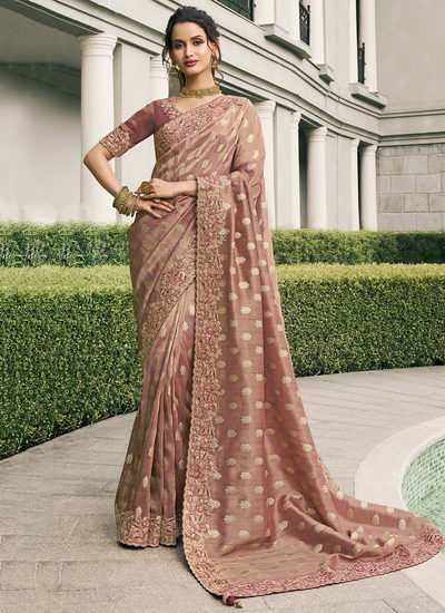 Zari Woven Tissue Silk Reception Wear Pale Mauve Sequins Embroidered Saree