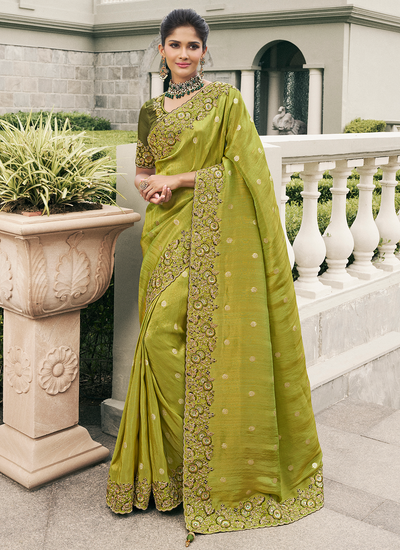 Tissue Silk Mehendi Wear Zari Woven Sequins Embroidered Saree In Pear Green