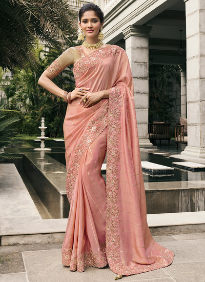 Pretty Peach Tissue Silk Zari Woven Sequins Embroidered Reception Wear Saree