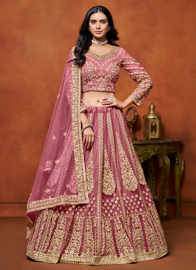 Engagement Wear Net Sequins Zari Embroidered Pink Lehenga Choli