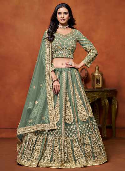 Net Sage Green Festive Wear Sequins Zari Embroidered Lehenga Choli