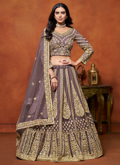 Sequins Zari Embroidered Net Purple Mauve Engagement Wear Lehenga Choli