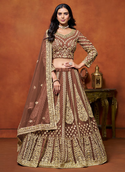 Brown Festive Wear Sequins Zari Embroidered Net Lehenga Choli