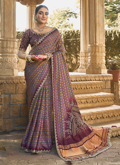 Purple Foil Printed Hand Work Gajji Silk Festival Saree